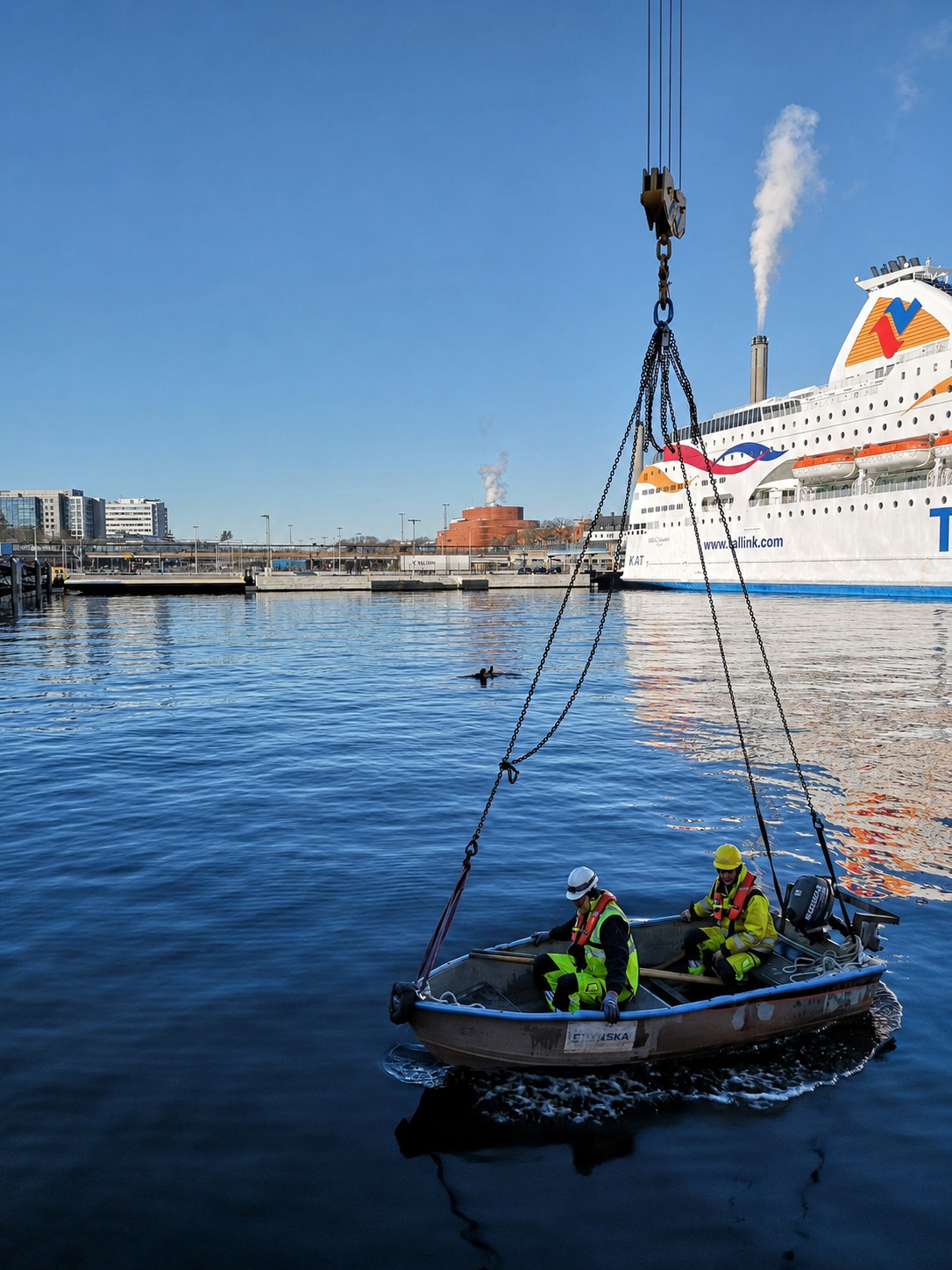 Livräddningsövning med båt och tornkran vid vatten